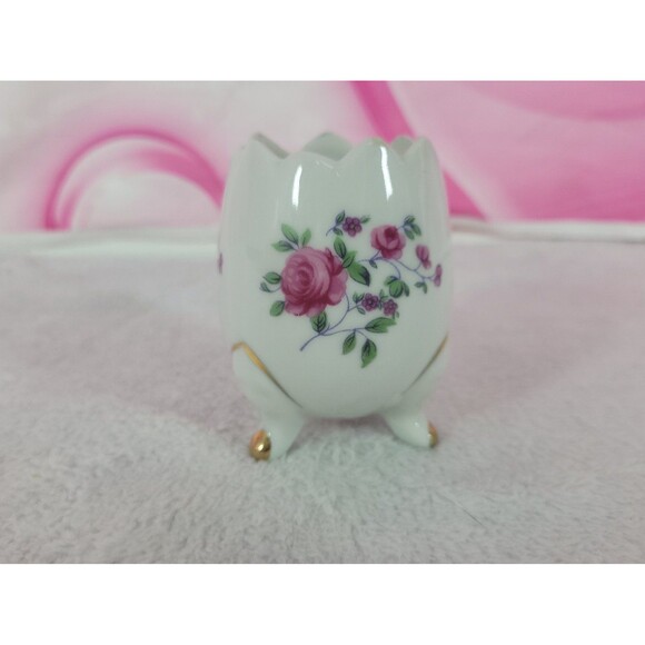 Vintage Porcelain Footed Cracked Egg-Shaped Vase Hand-Painted Roses Japan 3" - Picture 2 of 8